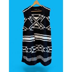 Lauren Ralph Lauren Black White Geo SW Open Front Knit Longline Vest Aztec S/M